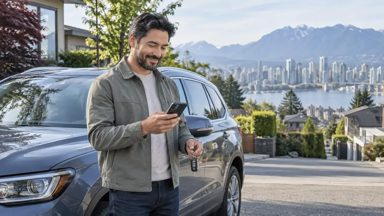Car owner with his keys sending vehicle details from his phone