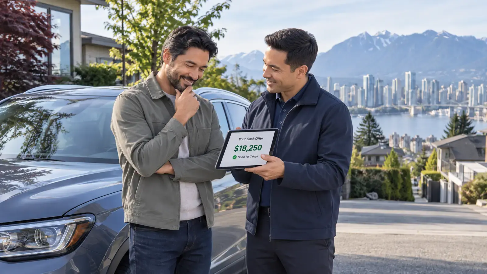 Buyer showing a written cash offer to a car owner on a tablet